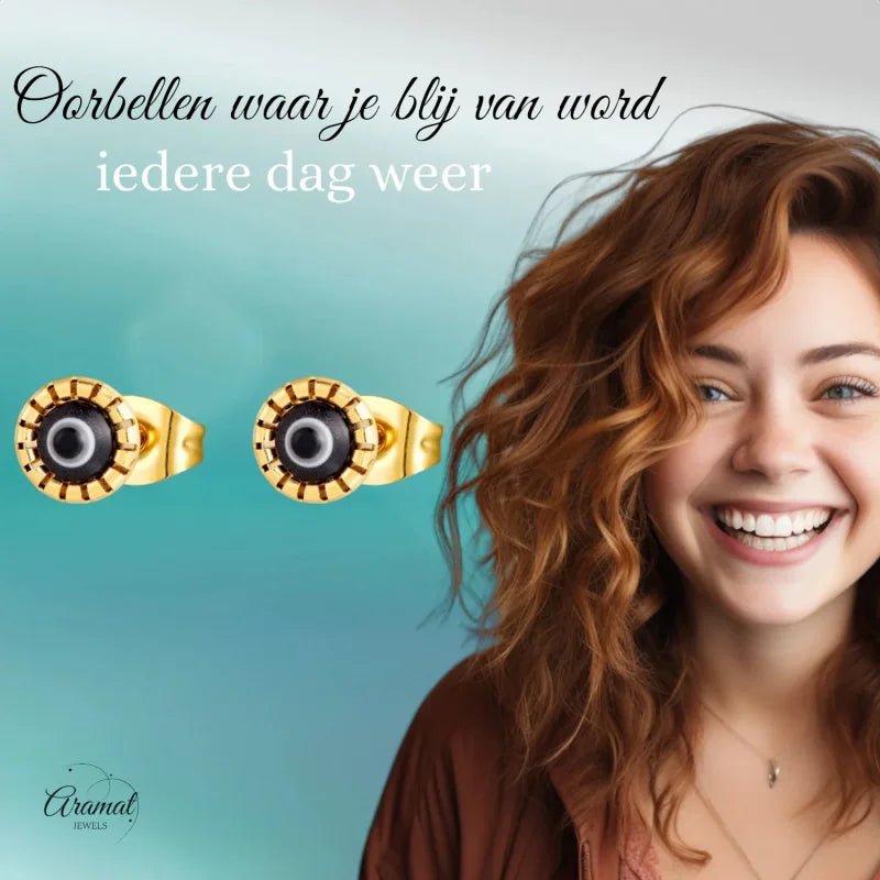 Goudkleurige Stalen Oorbellen Met Boze Oog Steen -