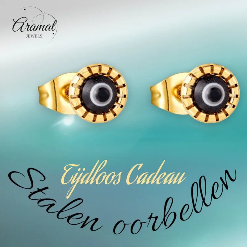 Goudkleurige Stalen Oorbellen Met Boze Oog Steen -