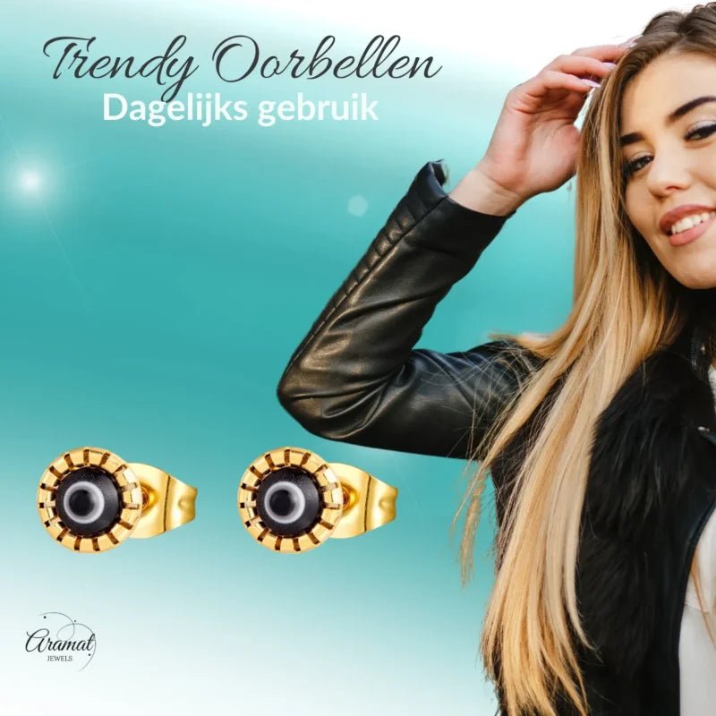 Goudkleurige Stalen Oorbellen Met Boze Oog Steen -