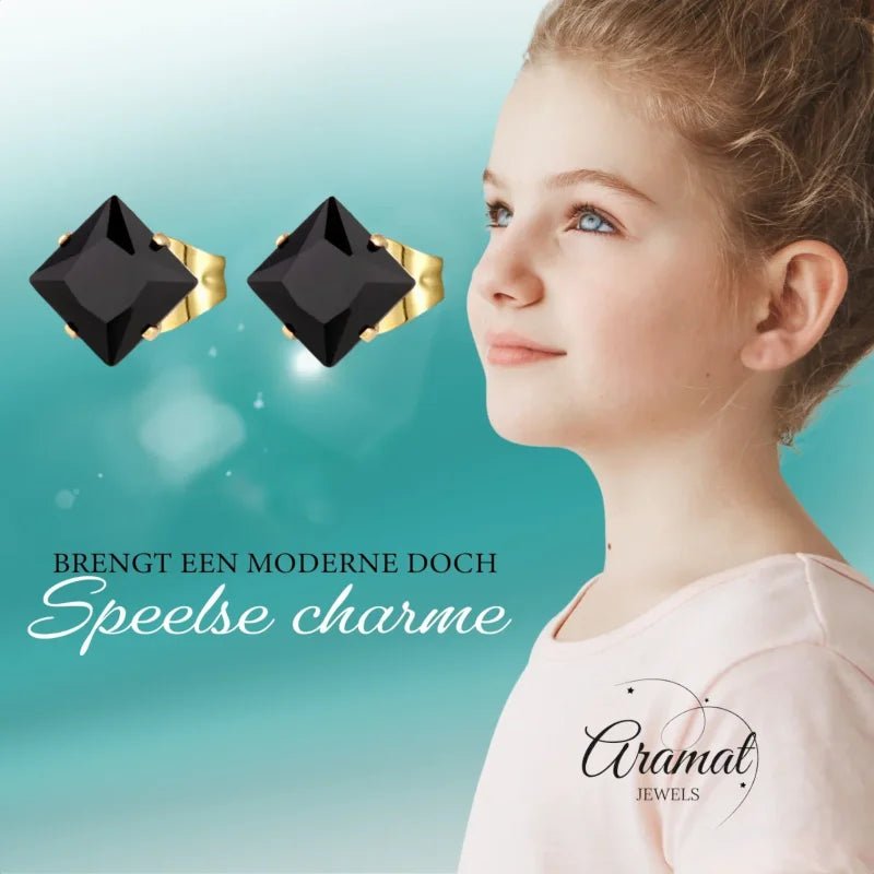 Rvs Vierkante Oorbellen Met Zwarte Zirkonia - 3mm -