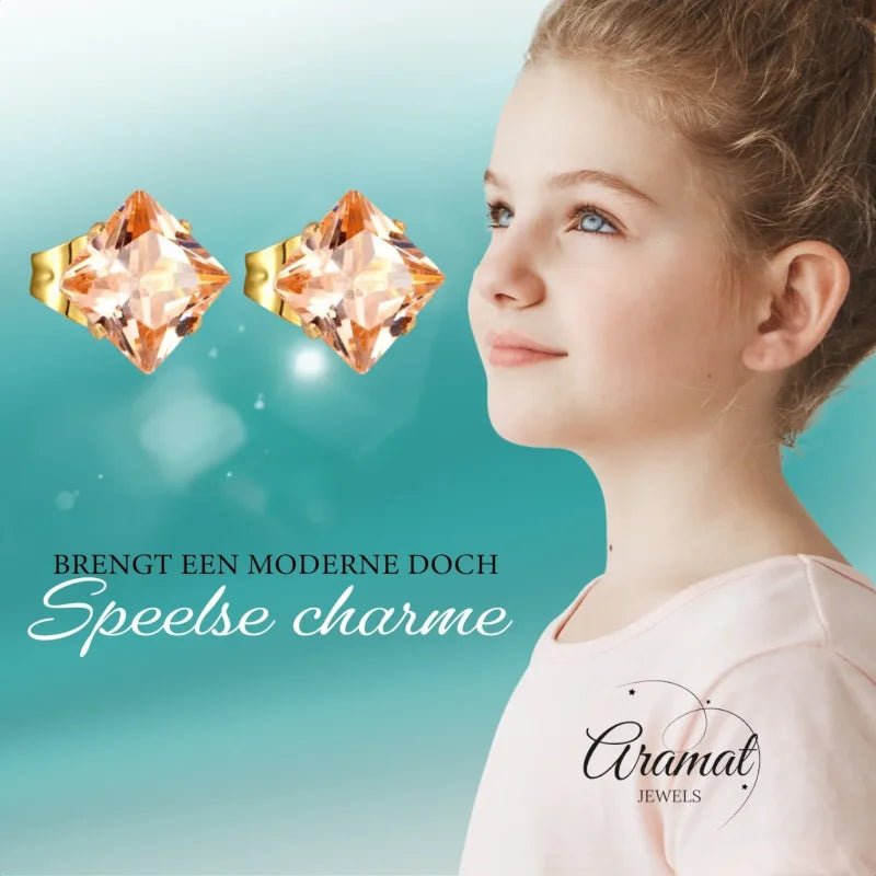 Goudkleurige Vierkante Oorbellen Met Champagne Zirkonia - 3mm -