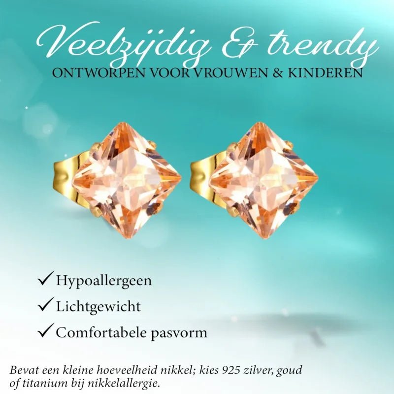Goudkleurige Vierkante Oorbellen Met Champagne Zirkonia - 3mm -
