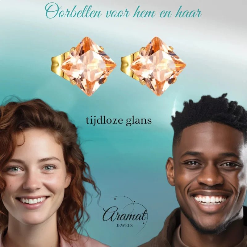 Goudkleurige Vierkante Oorbellen Met Champagne Zirkonia - 3mm -