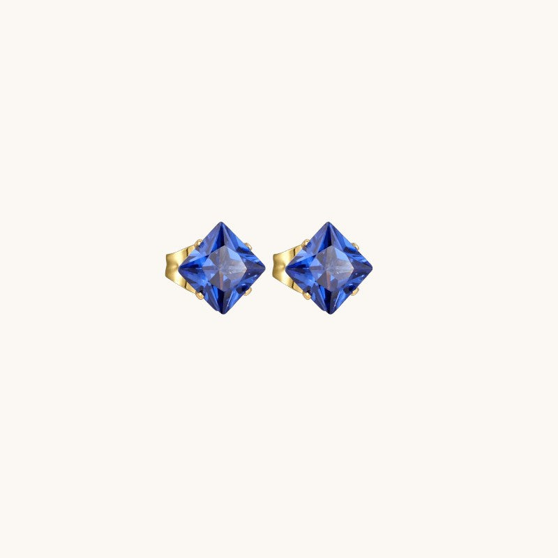 Goudkleurige Vierkante Oorbellen Met Blauwe Zirkonia - 3mm -