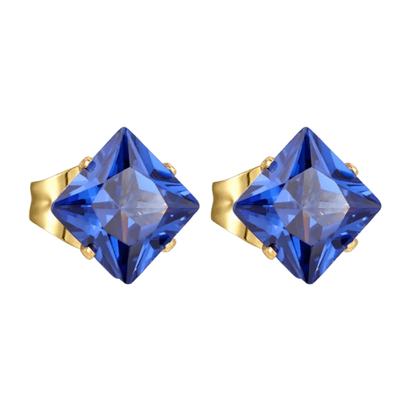 Goudkleurige Vierkante Oorbellen Met Blauwe Zirkonia - 3mm -