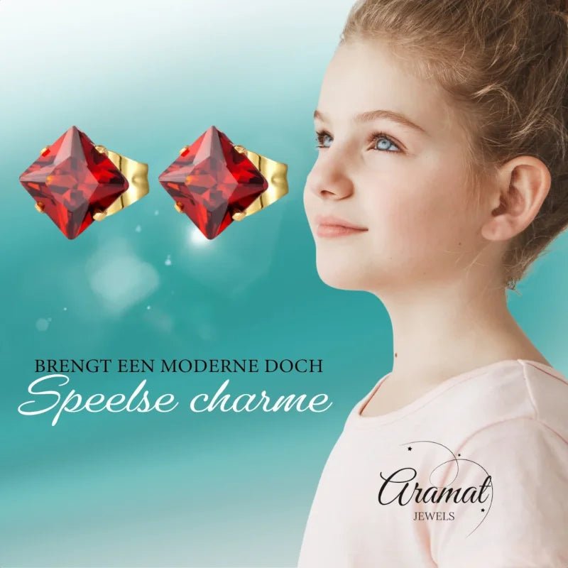 Stalen Goudkleurige Vierkante Oorbellen Rood - 3mm -