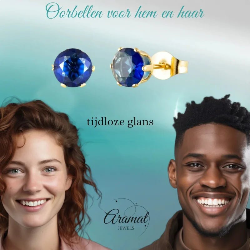 Goudkleurige Oorbellen Met Donkerblauwe Zirkonia -