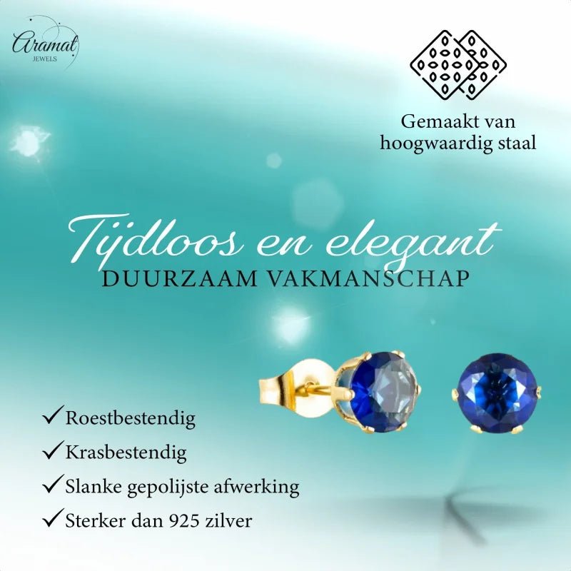 Goudkleurige Oorbellen Met Donkerblauwe Zirkonia -