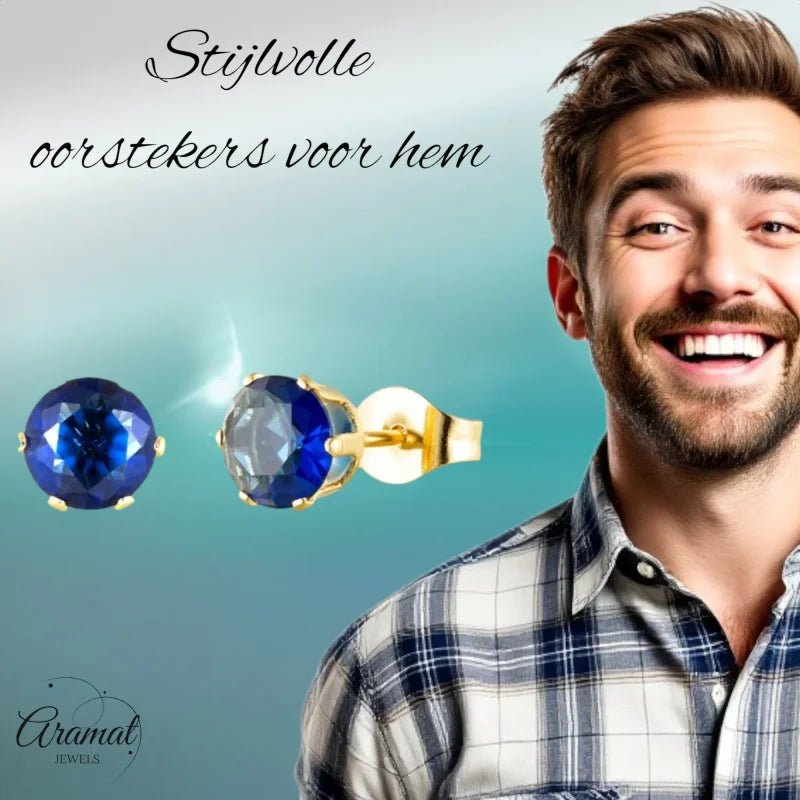 Goudkleurige Oorbellen Met Donkerblauwe Zirkonia -
