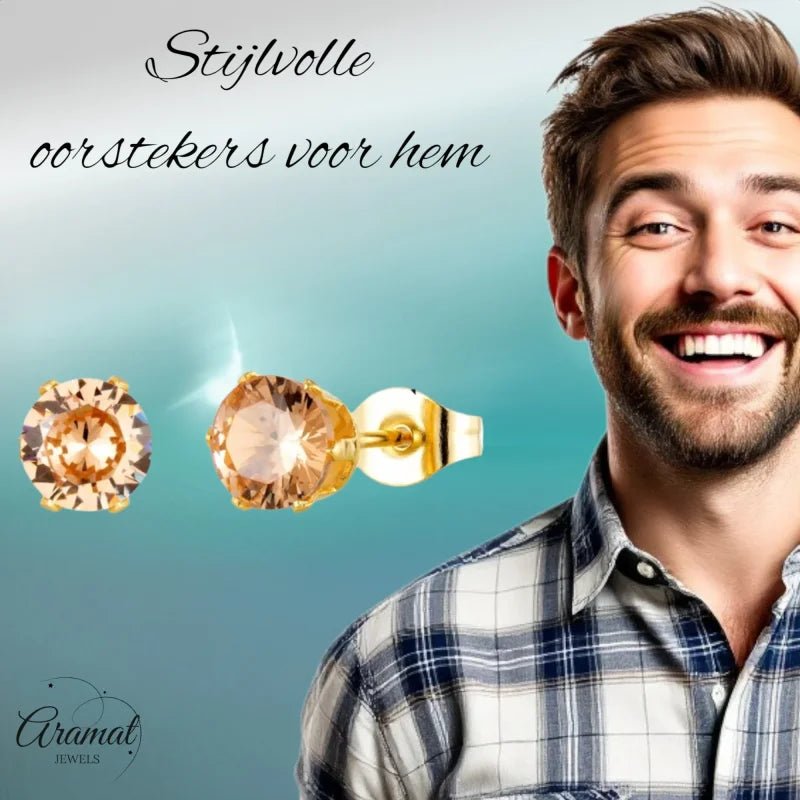 Goudkleurige Oorbellen Met Champagne Zirkonia -