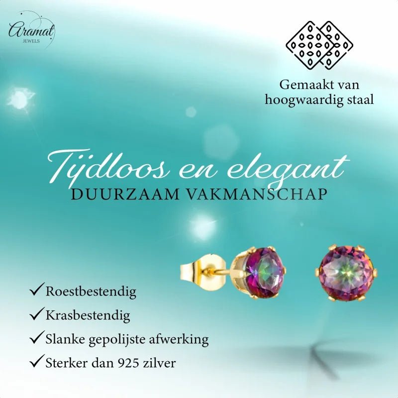 RVS zirkonia oorbellen multicolor en goudkleur - 3mm -