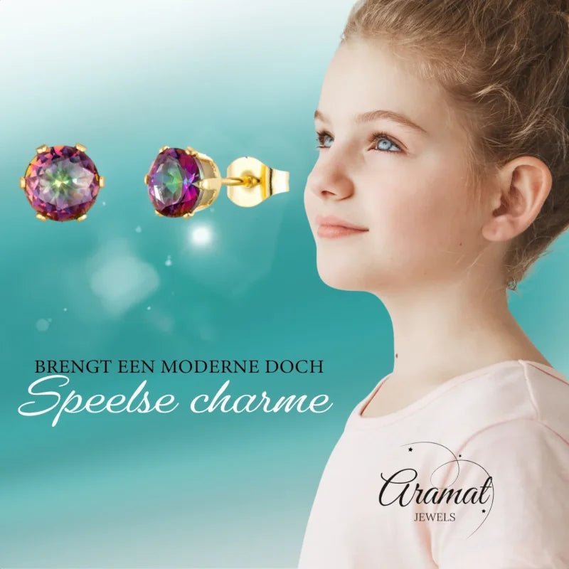 RVS zirkonia oorbellen multicolor en goudkleur - 3mm -