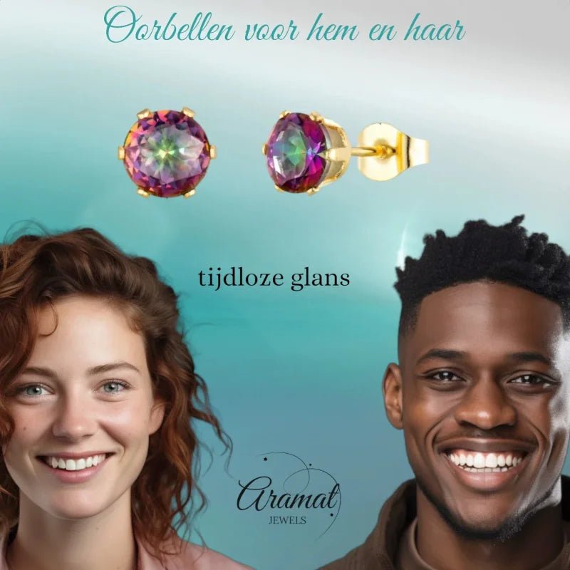 RVS zirkonia oorbellen multicolor en goudkleur - 3mm -