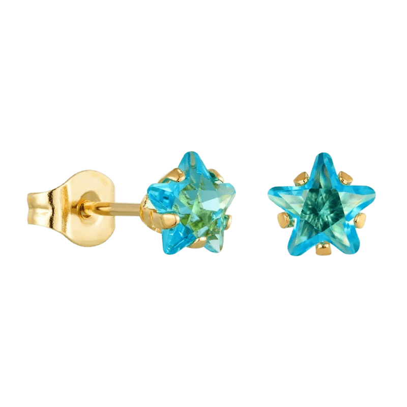 RVS Goudkleurige Ster Oorbellen Met Blauwe Zirkonia - 4mm -