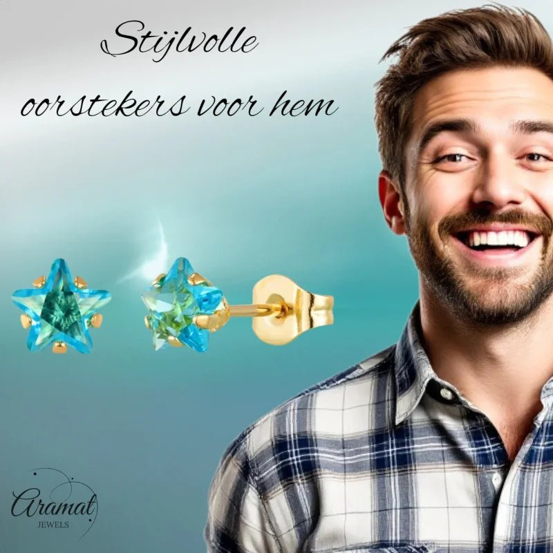 RVS Goudkleurige Ster Oorbellen Met Blauwe Zirkonia - 4mm -