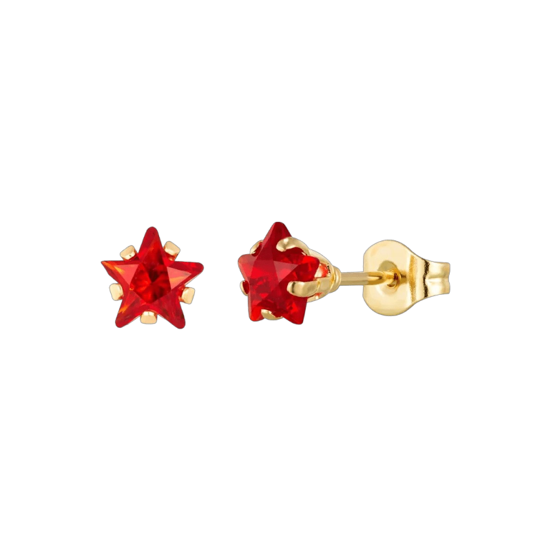 Goudkleurige Ster Oorbellen Met Rode Zirkonia In Roestvrij Staal - 4mm -