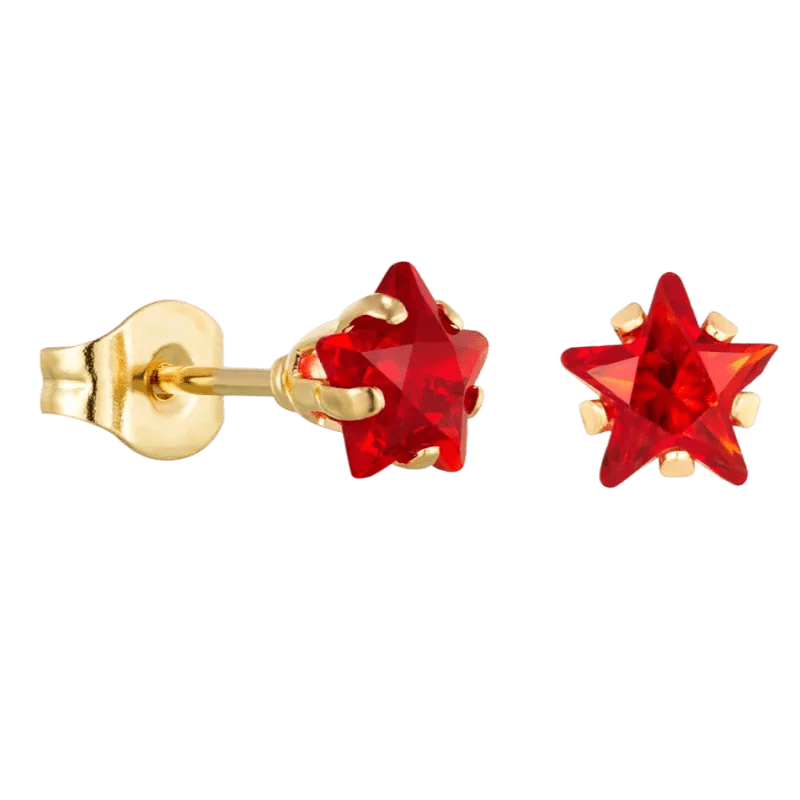 Goudkleurige Ster Oorbellen Met Rode Zirkonia In Roestvrij Staal - 4mm -