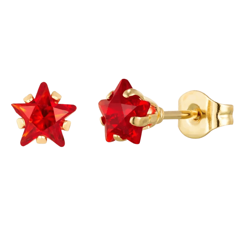 Goudkleurige Ster Oorbellen Met Rode Zirkonia In Roestvrij Staal - 4mm -