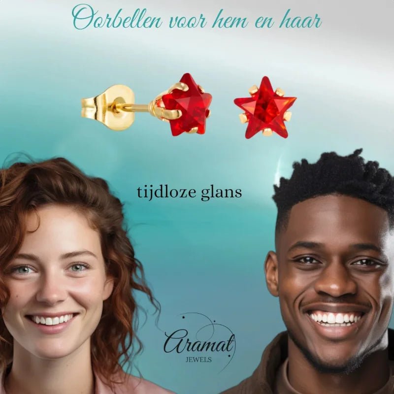 Goudkleurige Ster Oorbellen Met Rode Zirkonia In Roestvrij Staal - 4mm -