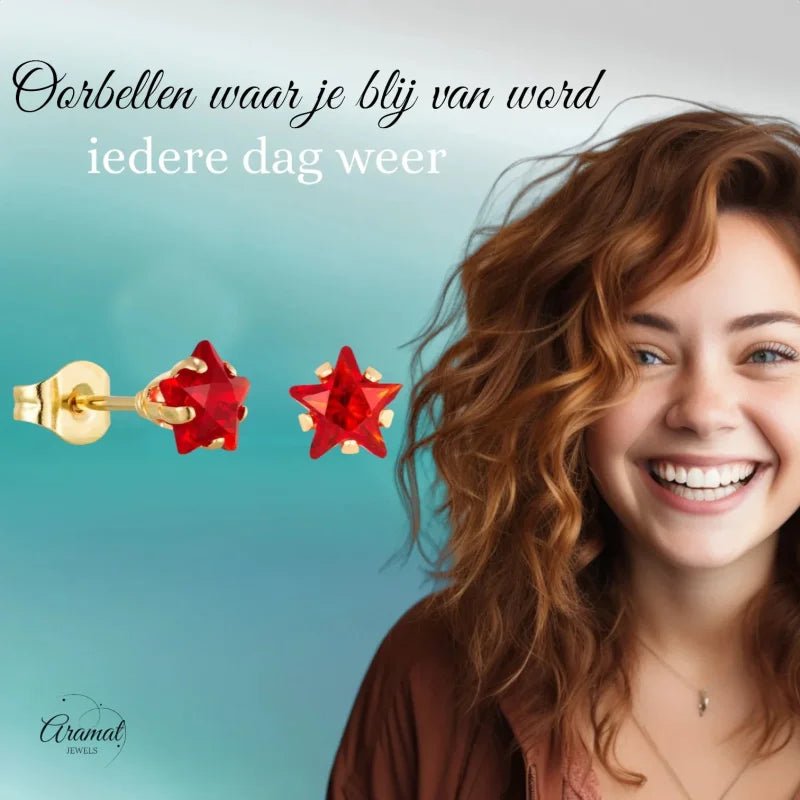 Goudkleurige Ster Oorbellen Met Rode Zirkonia In Roestvrij Staal - 4mm -