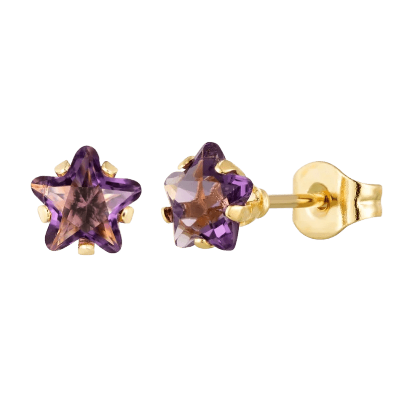 Goudkleurige Ster Oorbellen Met Paarse Zirkonia In Roestvrij Staal - 4mm -