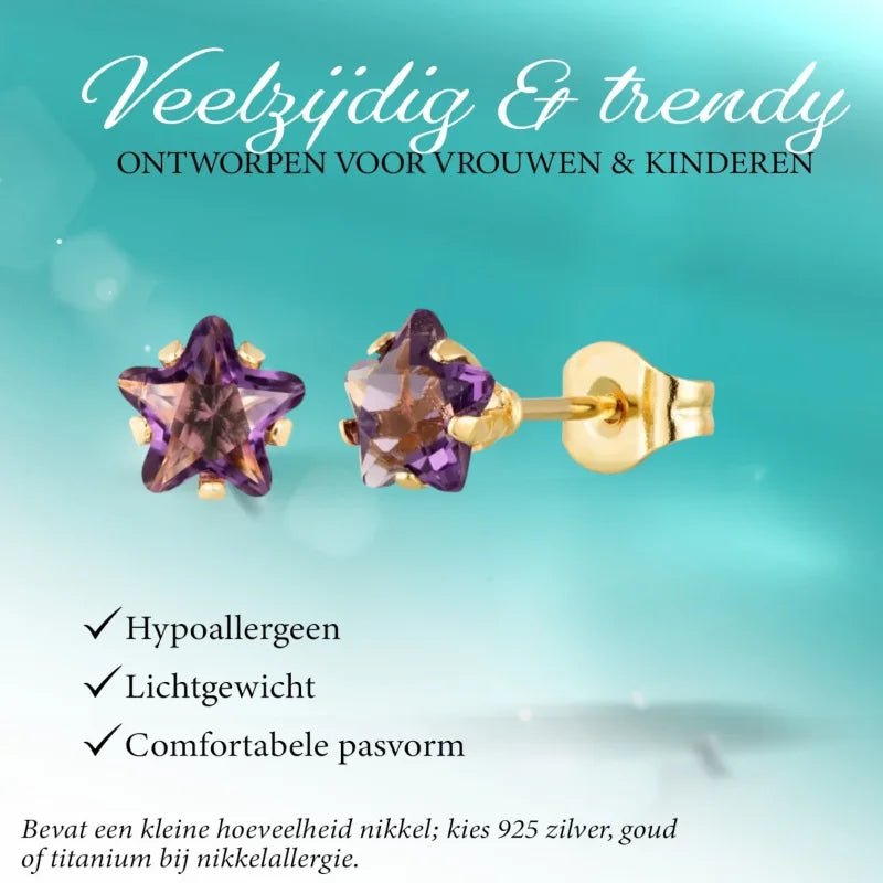 Goudkleurige Ster Oorbellen Met Paarse Zirkonia In Roestvrij Staal - 4mm -