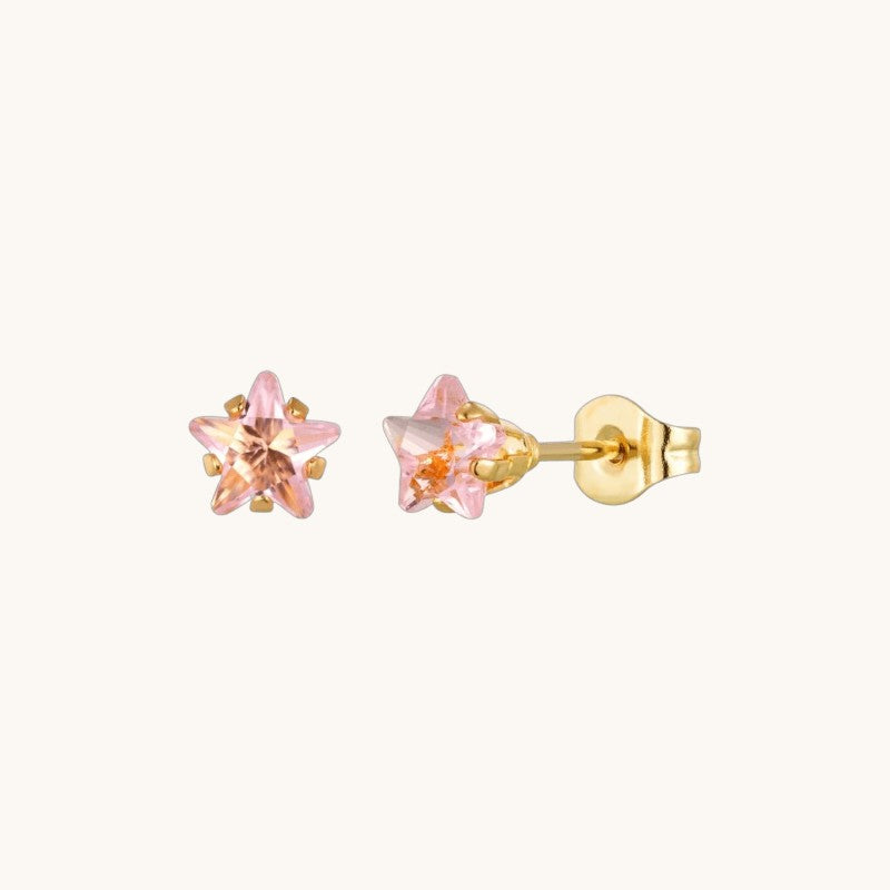 Goudkleurige Ster Oorbellen Met Roze Zirkonia In Roestvrij Staal - 4mm -