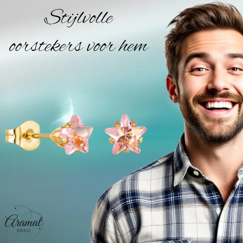Goudkleurige Ster Oorbellen Met Roze Zirkonia In Roestvrij Staal - 4mm -