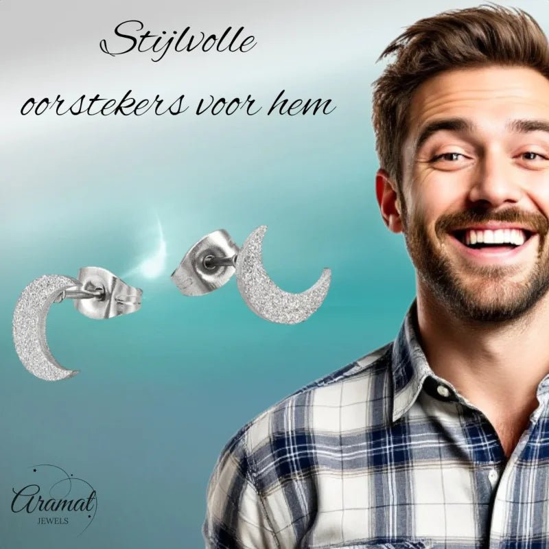 RVS Maan Oorbellen Sandblasted - Zilverkleur -