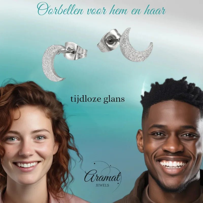 RVS Maan Oorbellen Sandblasted - Zilverkleur -