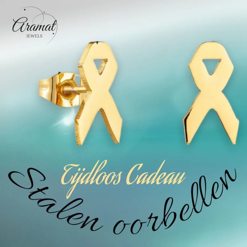 Pink Ribbon Oorbellen RVS - Goudkleur -