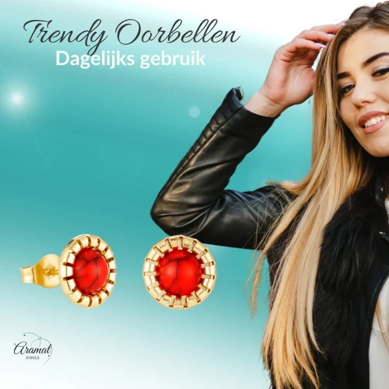 Goudkleurige Rode Gemarmerde Ronde Oorbellen -