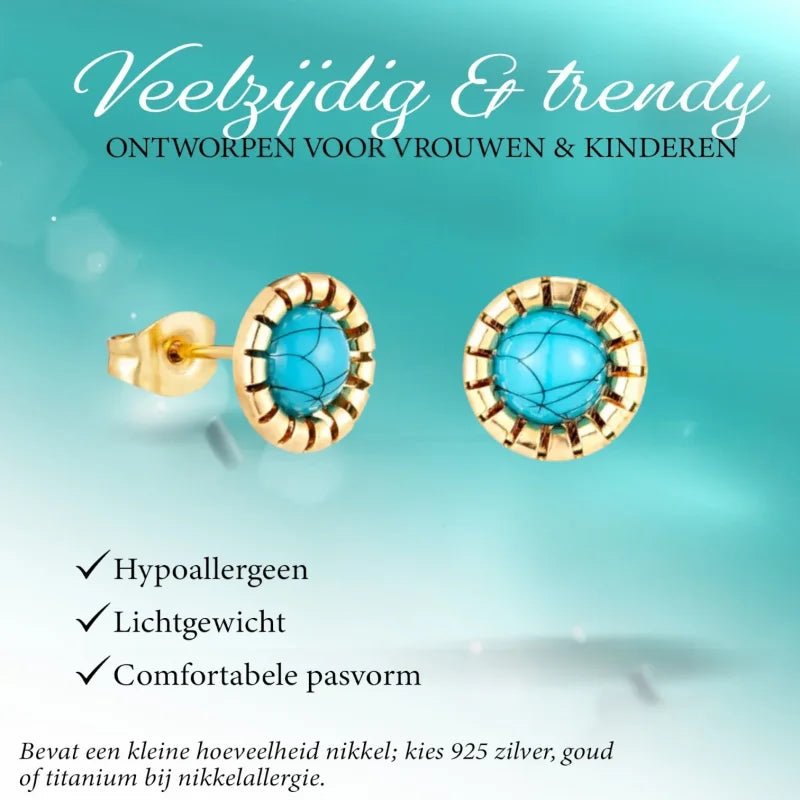 Goudkleurige Oorbellen Met Blauwe Gemarmerde Steen -