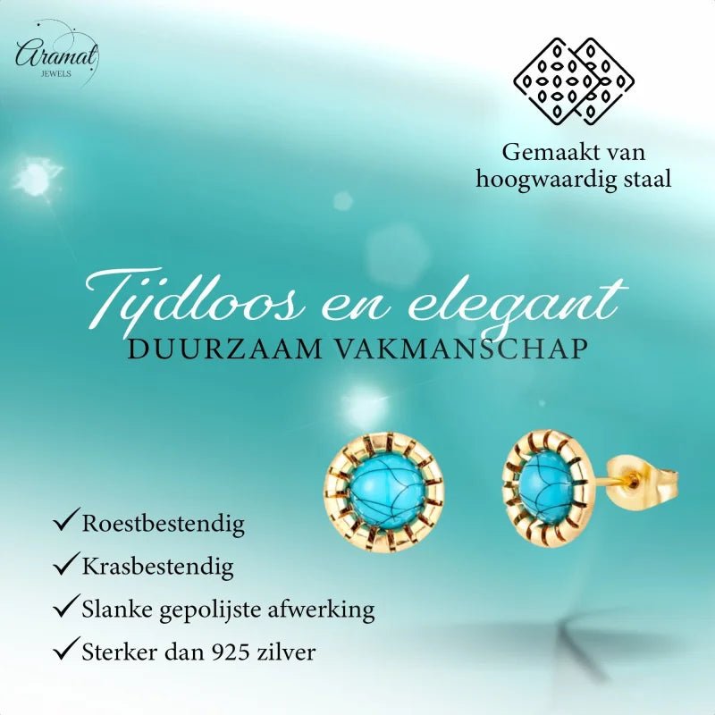 Goudkleurige Oorbellen Met Blauwe Gemarmerde Steen -