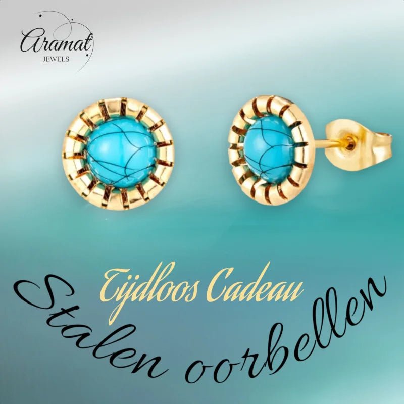 Goudkleurige Oorbellen Met Blauwe Gemarmerde Steen -