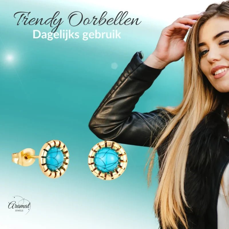 Goudkleurige Oorbellen Met Blauwe Gemarmerde Steen -