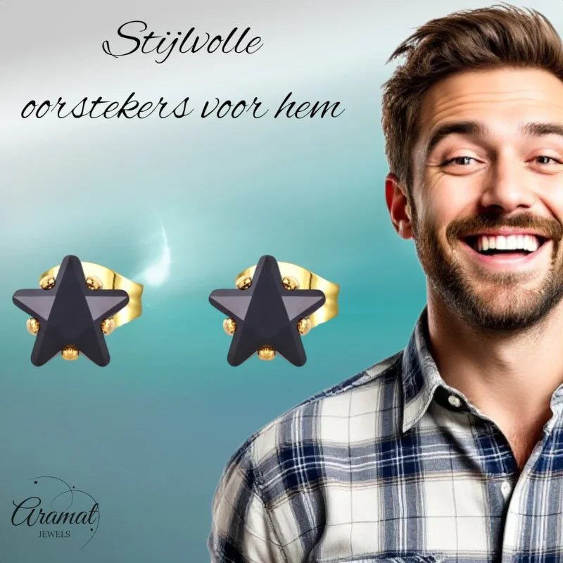 Goudkleurige Ster Oorbellen Met Zwarte Zirkonia - 4mm -