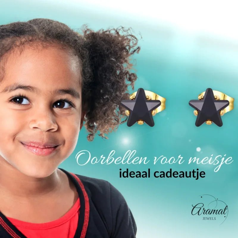 Goudkleurige Ster Oorbellen Met Zwarte Zirkonia - 4mm -