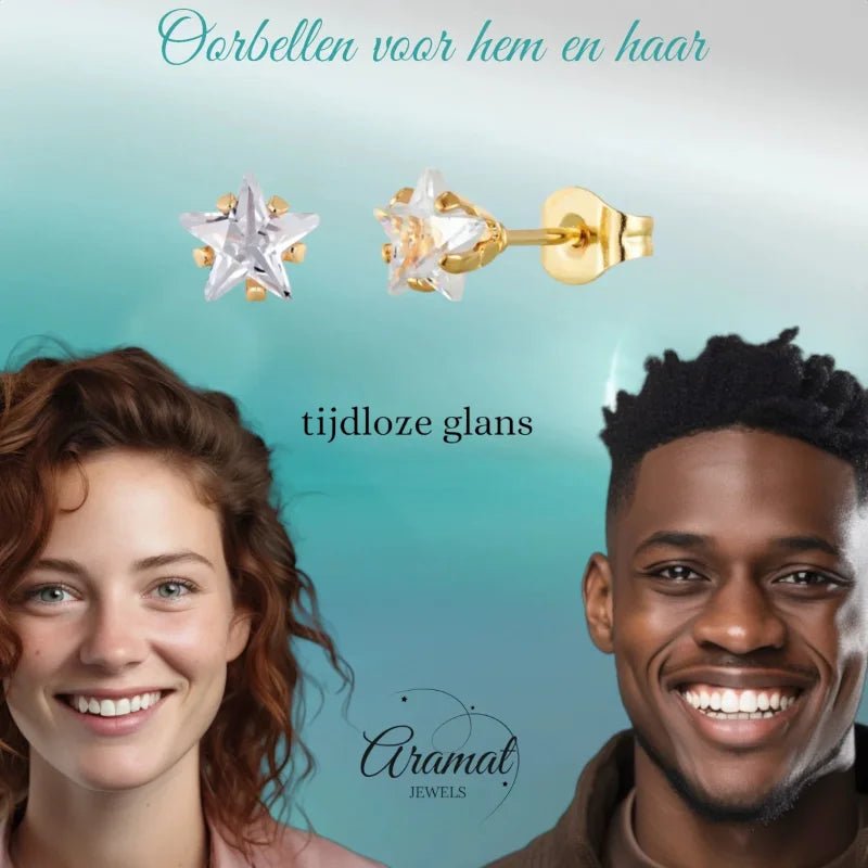 Goudkleurige Ster Oorbellen Met Transparante Zirkonia - 4mm -