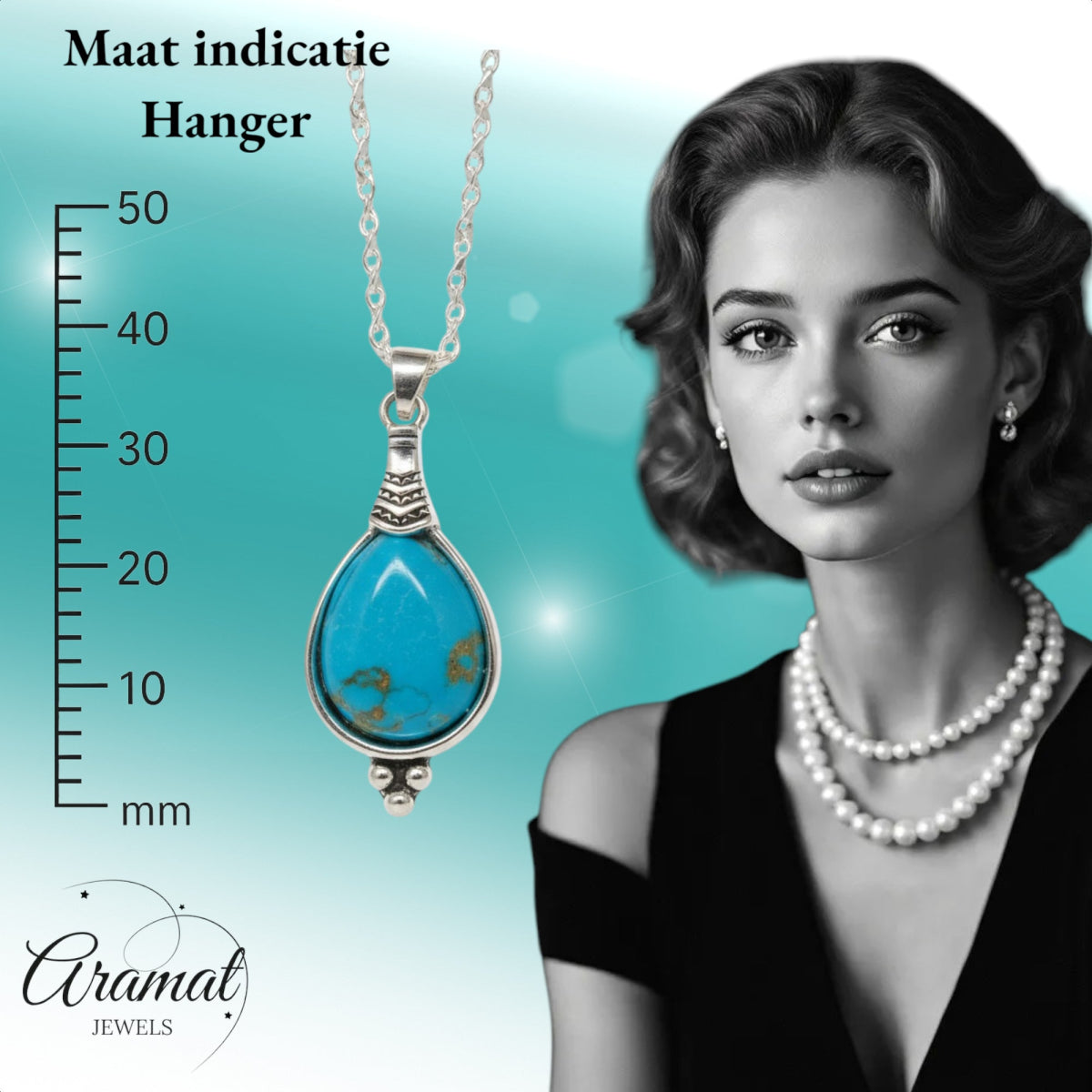 Boho Ketting Dames Druppel Hemels Blauw 33mm - Bohemien Hanger - Dames