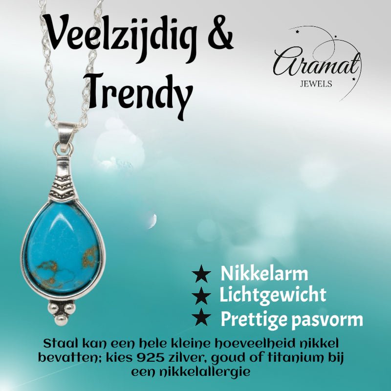 Boho Ketting Dames Druppel Hemels Blauw 33mm - Bohemien Hanger - Dames