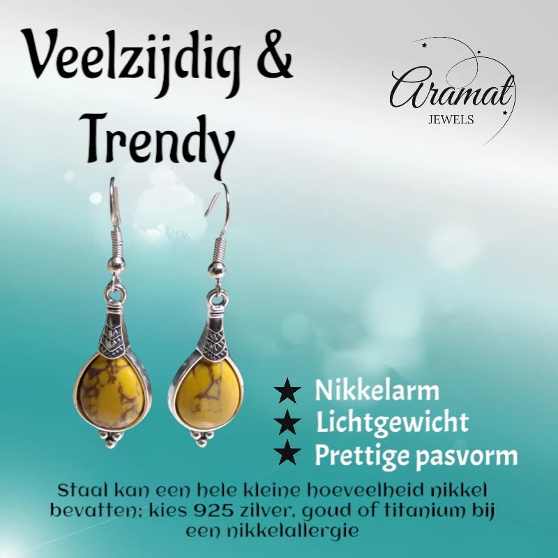 Boho Druppel Oorhangers &acirc;&euro;&ldquo; Gele Steen &acirc;&euro;&ldquo; 52x15mm -