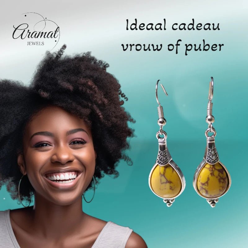 Boho Druppel Oorhangers &acirc;&euro;&ldquo; Gele Steen &acirc;&euro;&ldquo; 52x15mm -
