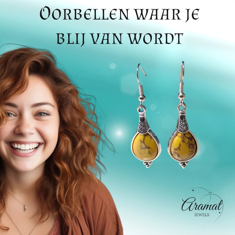 Boho Druppel Oorhangers &acirc;&euro;&ldquo; Gele Steen &acirc;&euro;&ldquo; 52x15mm -