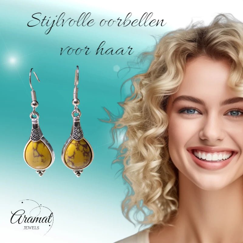 Boho Druppel Oorhangers &acirc;&euro;&ldquo; Gele Steen &acirc;&euro;&ldquo; 52x15mm -