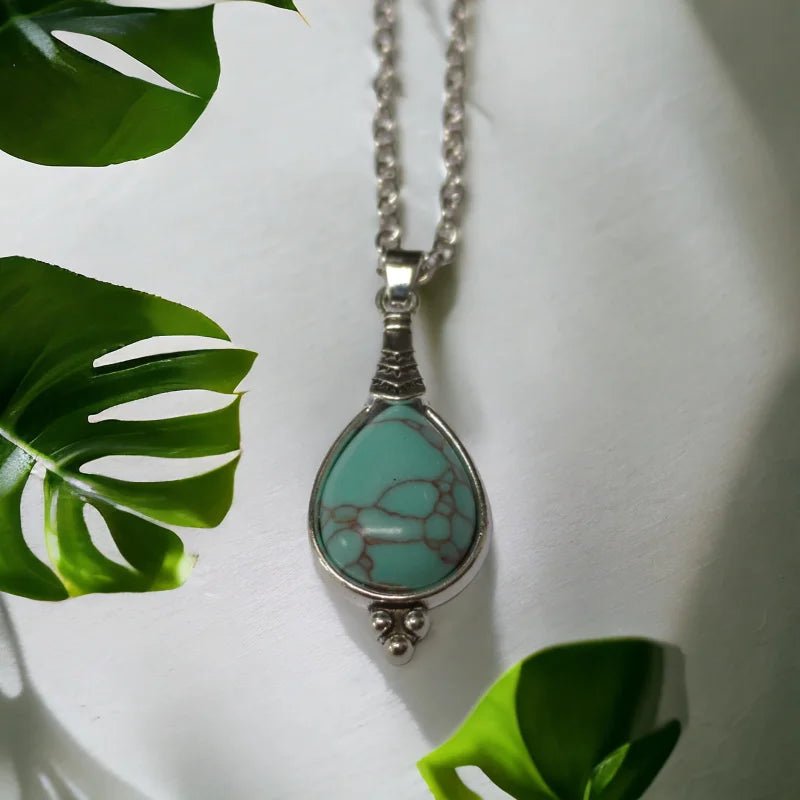 Lichtblauwe Boho Ketting met Druppelvormige Steen - Dames