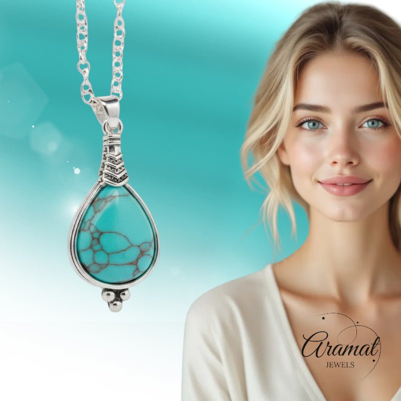 Lichtblauwe Boho Ketting met Druppelvormige Steen - Dames