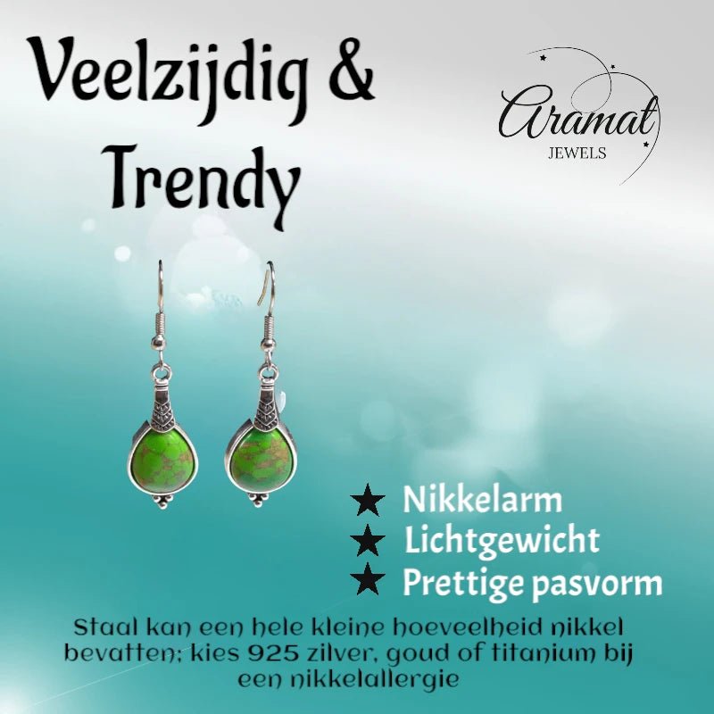 Boho Druppel Oorhangers &acirc;&euro;&ldquo; Groen Gemarmerde Steen &acirc;&euro;&ldquo; 52x15mm -