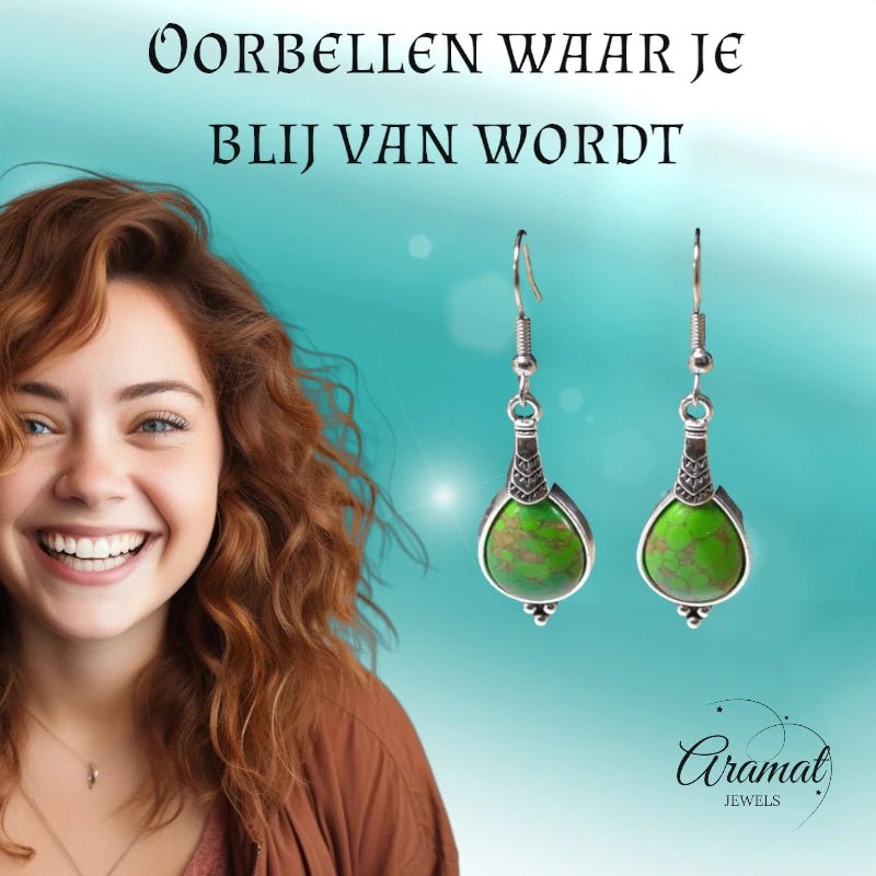 Boho Druppel Oorhangers &acirc;&euro;&ldquo; Groen Gemarmerde Steen &acirc;&euro;&ldquo; 52x15mm -