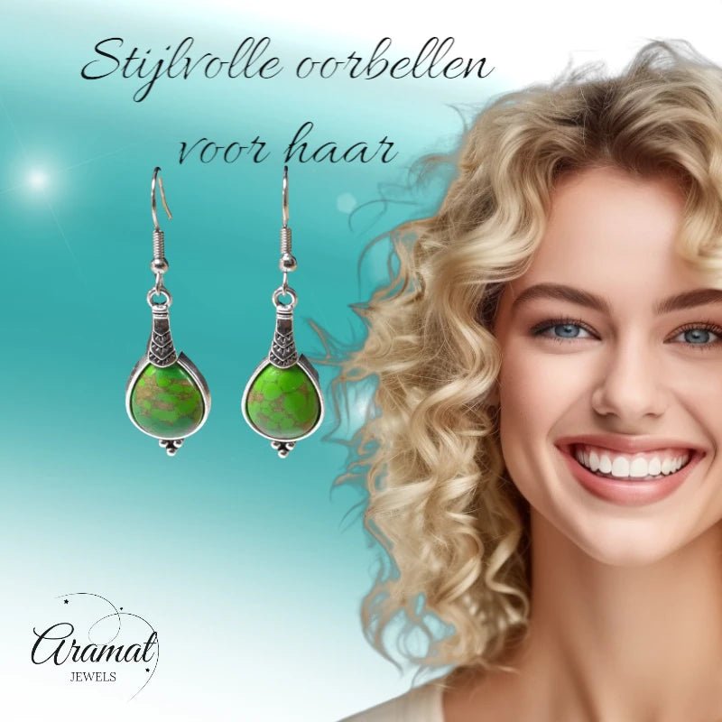 Boho Druppel Oorhangers &acirc;&euro;&ldquo; Groen Gemarmerde Steen &acirc;&euro;&ldquo; 52x15mm -
